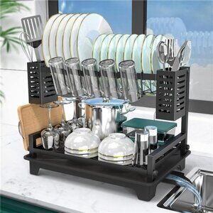 2 Tier Dish Drying Rack with Drainboard Utensil Holder for Kitchen Counter